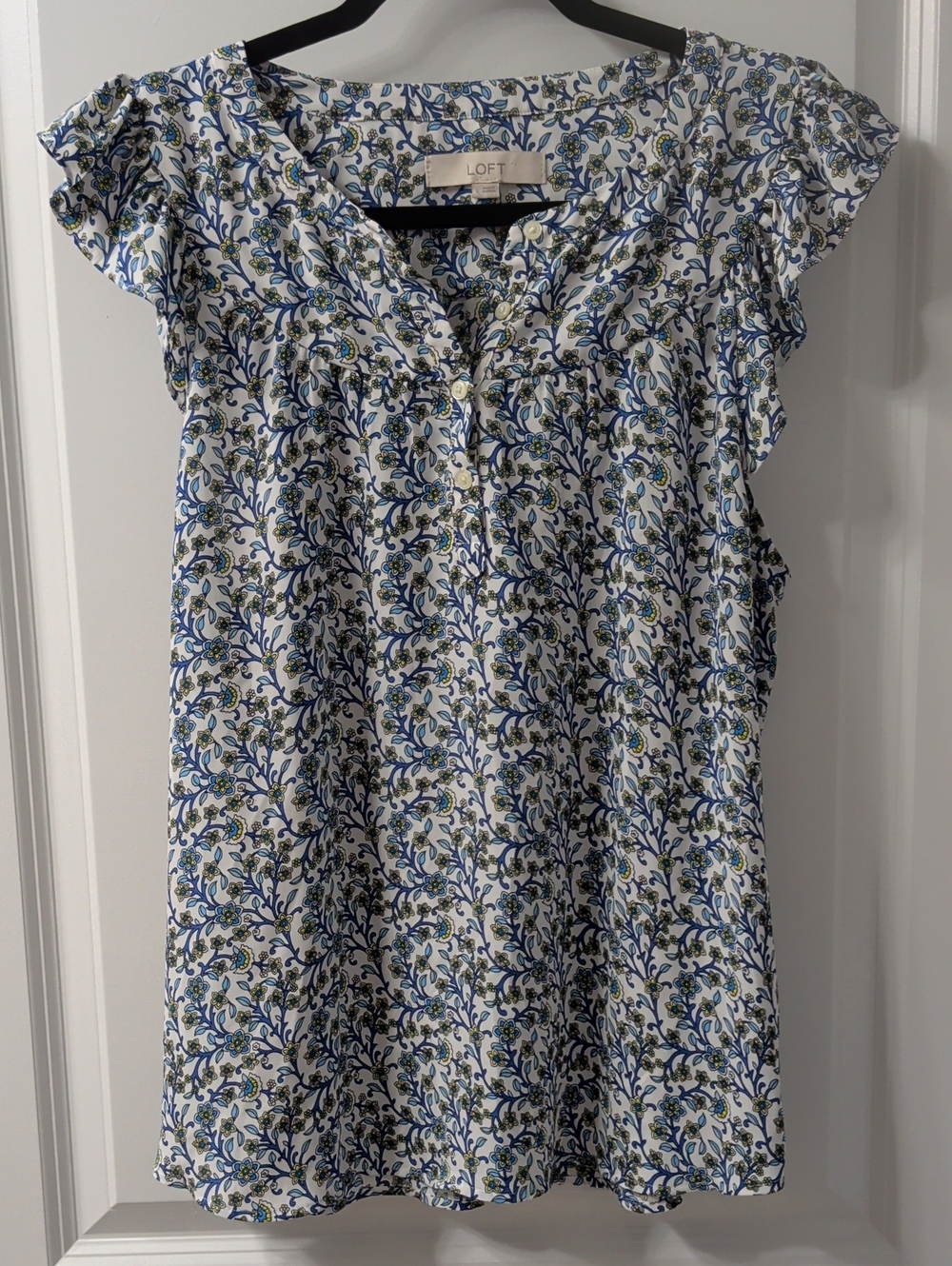 LOFT White, Blue  & Yellow Floral Ruffle Sleeve Blouse